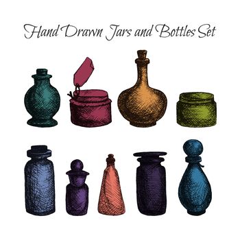 Hand drawn isolated vintage glass jars and bottles set. Containers for jams, food and attar, otto, essential oil, oils and liquid, perfume. Print, wrap, flyer, poster. Vector