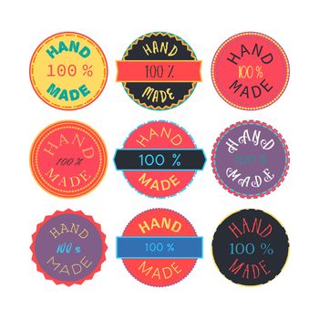 Badge template with 100 handmade product symbol. Vintage sticker with text 100 hand made. 100 Percents Hand Made Design Element, Label, Insignia, Tag, Emblem. Vector