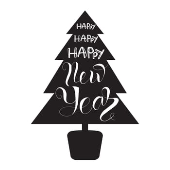 Happy New Year Lettering in Christmas tree. Winter holiday illustration. Xmas Design Label Elements for invitation, greeting, card and headline, title, sticker, emblem, print, magnet. Vector