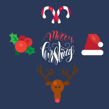 Merry Christmas Hand Drawn Lettering with Happy Deer, Santa Claus Hat, Holly berries, Caramel Wand. Xmas Design Label Elements for invitation, greeting, card and title, sticker, emblem, print. Vector