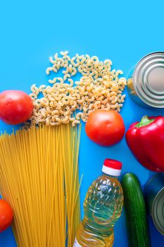 Set of food on a blue background. Donation and volunteering