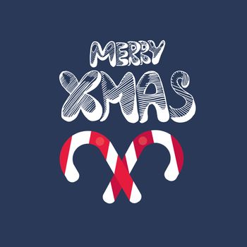 Merry Christmas Hand Drawn Lettering with caramel stick illustration. Xmas Design Label Elements for holiday invitation, greeting, card and headline, title, sticker, emblem, print, magnet. Vector