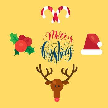 Merry Christmas Hand Drawn Lettering with Happy Deer, Santa Claus Hat, Holly berries, Caramel Wand. Xmas Design Label Elements for invitation, greeting, card and title, sticker, emblem, print. Vector