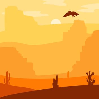 Retro Wild West Desert. Vintage sunset in prairie with cacti and eagle in sky. Grunge old texture. Natural Landscape for print, poster, illustration, sticker. Vector