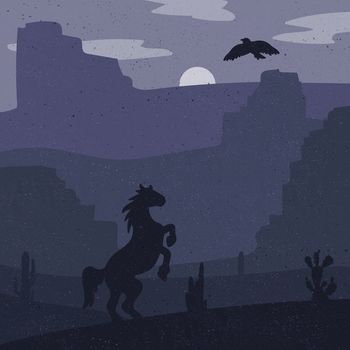 Retro Wild West galloping horse in desert. Vintage sunset in prairie with mustang, cacti and eagle in sky. Grunge old texture. Natural Landscape for print, poster, illustration, sticker. Vector
