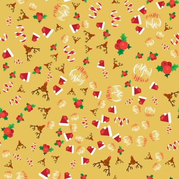 Merry Christmas Seamless Pattern With Hand Drawn Lettering, Happy Xmas Deer, Santa Claus Hat, Holly berries, Caramel Wand. Design Elements for invitation, greeting, card and sticker, print. Vector