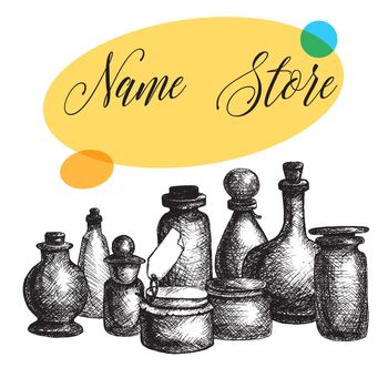 Hand drawn isolated vintage glass jars and bottles set. Containers for jams, food and attar, otto, essential oil, oils and liquid, perfume. Print, wrap, flyer, poster. Vector