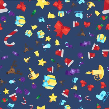 Merry Christmas Seamless Pattern With Gift, Happy Xmas Deer, Santa Claus Hat, Holly berries, Caramel Wand. Design Background Elements for invitation, greeting, card and sticker, print. Vector