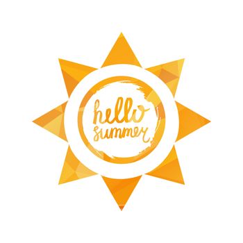 Hello Summer Lettering by brush. Typographic vacation and travel hand drawn poster with yellow sun bright background. Vector