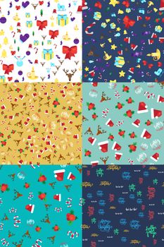 Merry Christmas Seamless Patterns Set. Happy Xmas Deer, Santa Claus Hat, Holly berries, Caramel Wand. Design Elements for invitation, greeting, card and sticker, print, wrap. Vector