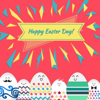 Happy easter with happy dancing, stanging and sitting eggs banner for print, wrap, fabric, greeting card. Vector