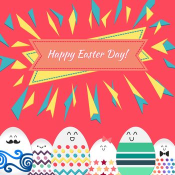 Happy easter with happy dancing, stanging and sitting eggs banner for print, wrap, fabric, greeting card. Vector