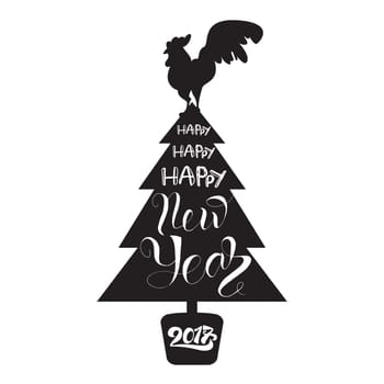 Happy New 2017 Year Lettering in Christmas Tree With Cock. Winter holiday illustration. Xmas Design Label Elements for invitation, greeting card and title, sticker, emblem, print, magnet. Vector