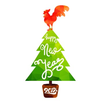 Happy New 2017 Year Lettering in Christmas Tree With Cock. Winter holiday illustration. Xmas Design Label Elements for invitation, greeting card and title, sticker, emblem, print, magnet. Vector