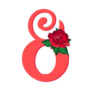 International Women's Day greeting card template with rose. 8 March Poster design for print, web, fabric, celebration. Vector