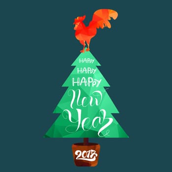 Happy New 2017 Year Lettering in Christmas Tree With Cock. Winter holiday illustration. Xmas Design Label Elements for invitation, greeting card and title, sticker, emblem, print, magnet. Vector