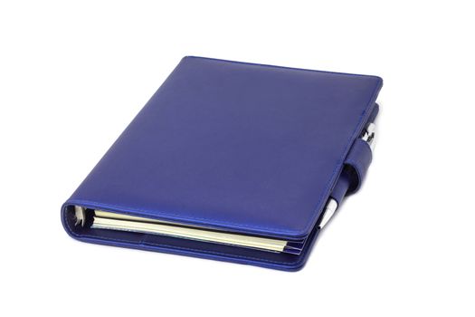 Blue collar diary and pen placed on cover and white background.