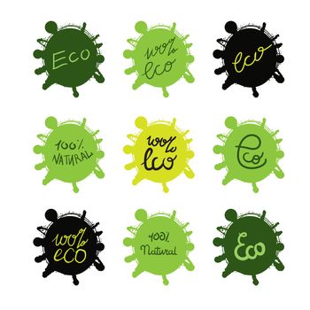 Hand drawn ecology and 100 percents natural lettering badges set. Isolated grunge sticker or nature icon of quality for banner, web, card, print. Eco design. Vector