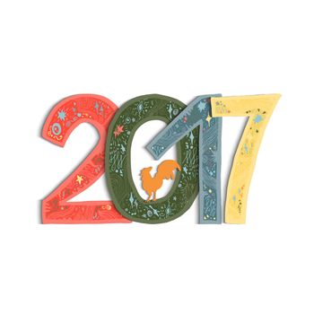 New Year Banner with lettering 2017 and cock for print, poster, sticker. Happy new year greeting card with xmas doodles. . Vector