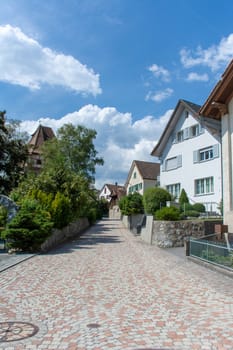 "Vaduz, Vaduz/Liechtenstein - 8/9/2018: Downtown Vaduz streets in a residential area. Quintessential European street."