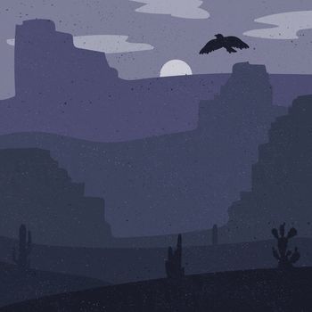 Night Retro Wild West Desert. Vintage moon in prairie with cacti and eagle in sky. Grunge old texture. Natural Landscape for print, poster, illustration, sticker. Vector