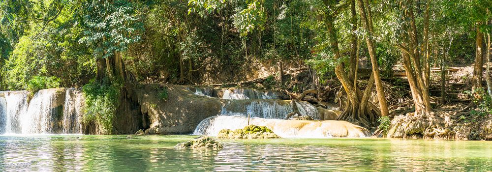 Panorama Waterfall in a forest on the mountain in tropical forest at Waterfall Chet Sao Noi in National park Saraburi province, Thailand