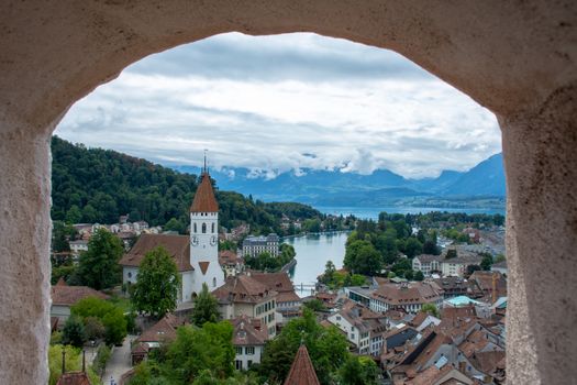 Panorama of Thun, Switzerland viewing Castles, Lakes, and the town, moutains and Interlaken.