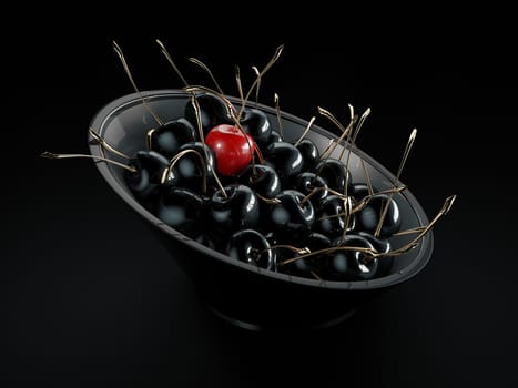 3d Rendering of Closeup of gold and black cherries in a deep plate. clipping path included.