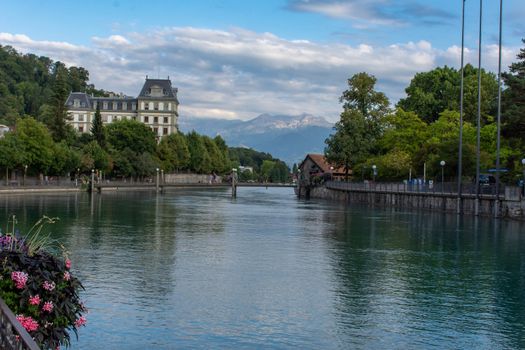 "Thun, Oberland/Switzerland - 8/10/2018: Downtown Thun, Oberland, Switzerland. View to Interlaken a beautiful lake scenic view.