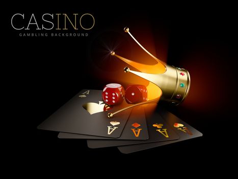 3d Rendering of Play cards with Red dice and gold crown, casino background. Gambling template. Clipping path included.