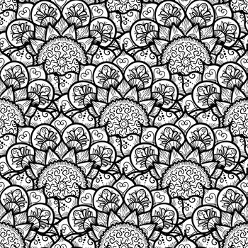 Hand drawn Black White Mandala Seamless Pattern. Arabic, indian, turkish and ottoman culture decoration style. Ethnic ornamental background. Vintage template of greeting, print, cloth, tattoo. Vector