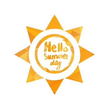 Hello Summer Lettering by brush. Typographic vacation and travel hand drawn poster with yellow sun bright background. Vector