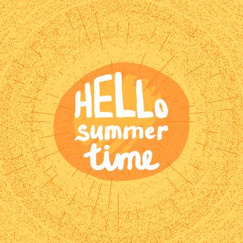 Hello Summer Lettering by brush. Typographic vacation and travel watercolor poster withyellow sun bright background. Vector