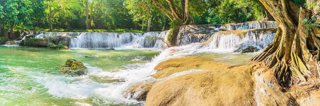 Panorama Waterfall in forest on the mountain in tropical forest at Chet Sao Noi in National park Saraburi province, Thailand