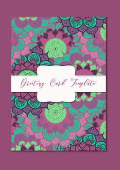 Mandala vintage template card in arabic and indian, islam and ottoman, turkish, asian style for brochure, flyer, greeting, invitation card, cover. Format A4. Floral holiday ornamental design. Vector