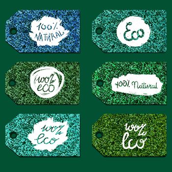 Hand drawn ecology and 100 percents natural lettering. Isolated grunge sticker or nature icon of quality for banner, web, card, print. Eco design. Vector
