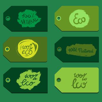 Hand drawn ecology and 100 percents natural lettering. Isolated grunge sticker or nature icon of quality for banner, web, card, print. Eco design. Vector