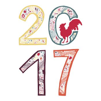 Lettering 2017 with cock for print, poster, sticker. Happy new year greeting card. Vector