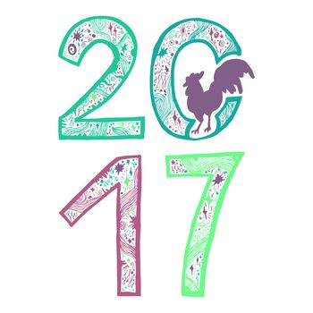 Lettering 2017 with cock for print, poster, sticker. Happy new year greeting card. Vector