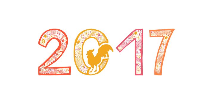 Lettering 2017 with cock for print, poster, sticker. Happy new year greeting card. Vector