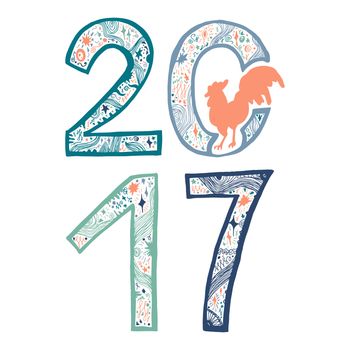 Lettering 2017 with cock for print, poster, sticker. Happy new year greeting card. Vector