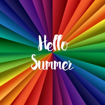 Hello Summer Lettering by brush. Typographic vacation and travel retro poster with rainbow bright background. Vector