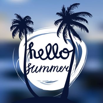 Hello Summer Lettering by brush. Typographic vacation and travel watercolor tropical poster with sunset bright background and palm exotic island. Vector