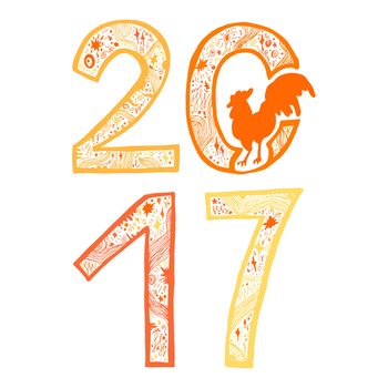 Lettering 2017 with cock for print, poster, sticker. Happy new year greeting card. Vector