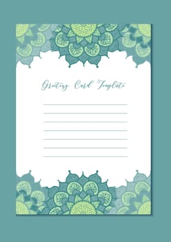Mandala vintage template card in arabic and indian, islam and ottoman, turkish, asian style for brochure, flyer, greeting, invitation card, cover. Format A4. Floral holiday ornamental design. Vector