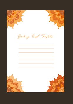 Mandala vintage template card in arabic and indian, islam and ottoman, turkish, asian style for brochure, flyer, greeting, invitation card, cover. Format A4. Floral holiday ornamental design. Vector