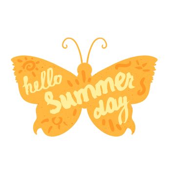 Hello Summer Lettering by brush. Typographic vacation and travel vintage poster with yellow bright butterfly. Vector