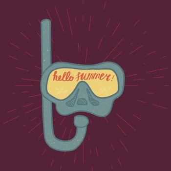 Hello Summer Lettering by brush. Typographic vacation and travel watercolor poster with diving underwater mask. Vector