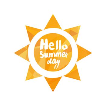 Hello Summer Lettering by brush. Typographic vacation and travel hand drawn poster with yellow sun bright background. Vector