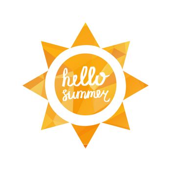 Hello Summer Lettering by brush. Typographic vacation and travel hand drawn poster with yellow sun bright background. Vector